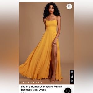 Lulu’s Romantic mustard yellow backless maxi dress.